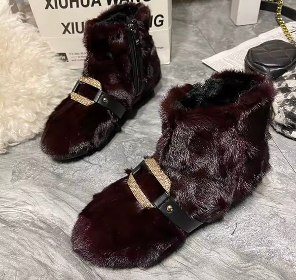 Women Fashion Bling Buckled Faux Fur Ankle Boots