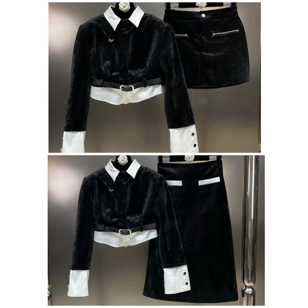 Women B&W Buckled Velour Two Piece Blazer Skirt Set