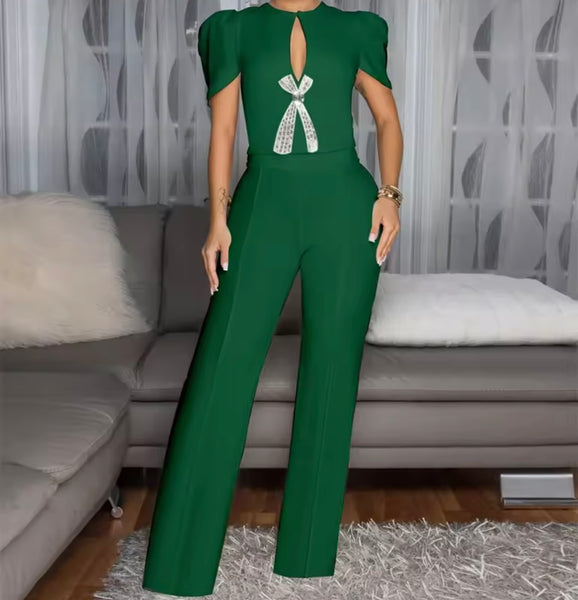 Women Fashion Bling Bow Short Sleeve Jumpsuit