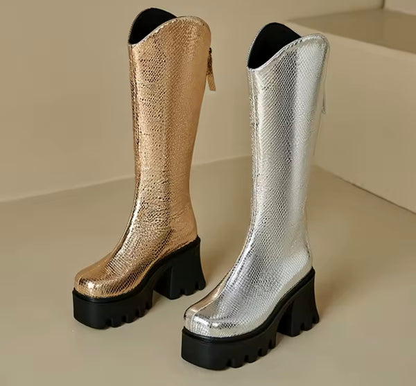 Women Fashion Metallic Zip Up Platform Knee High Boots