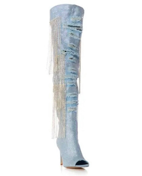 Women Fashion Open Toe Bling Tassel Denim Over The Knee Boots