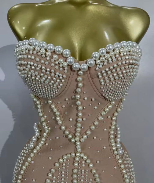 Women Sexy Strapless Rhinestone Pearl Mermaid Maxi Dress