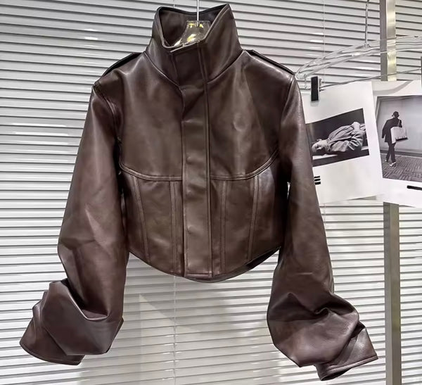 Women Fashion Brown Faux Leather Jacket Two Piece Short Set