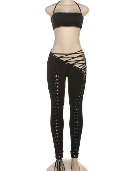 Women Sexy Sleeveless Cut Out Tie Up Two Piece Pant Set