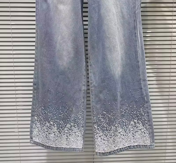 Women Fashion Blue Sequins Patchwork Denim Pants
