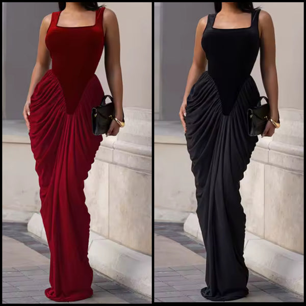 Women Sexy Sleeveless Velour Ruched Maxi Dress