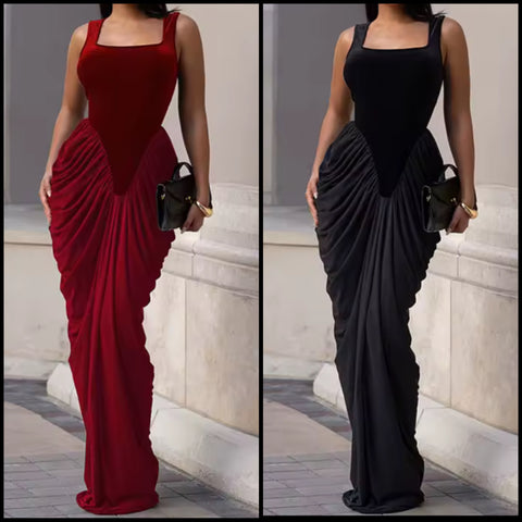 Women Sexy Sleeveless Velour Ruched Maxi Dress