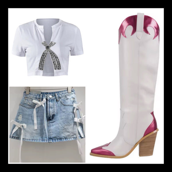 Women Fashion Short Sleeve Bling Bow Crop Top