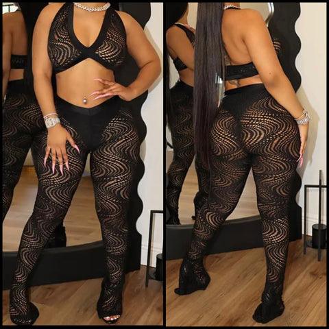 Women Black Sexy Lace Halter Sleeveless Two Piece Pant Set