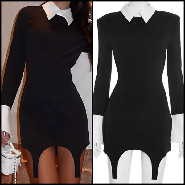 Women Sexy B&W Collar Full Sleeve Tassel Dress