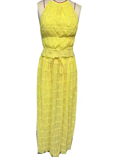 Women Sexy Yellow Halter Sleeveless Open Back Two Piece Maxi Skirt Set