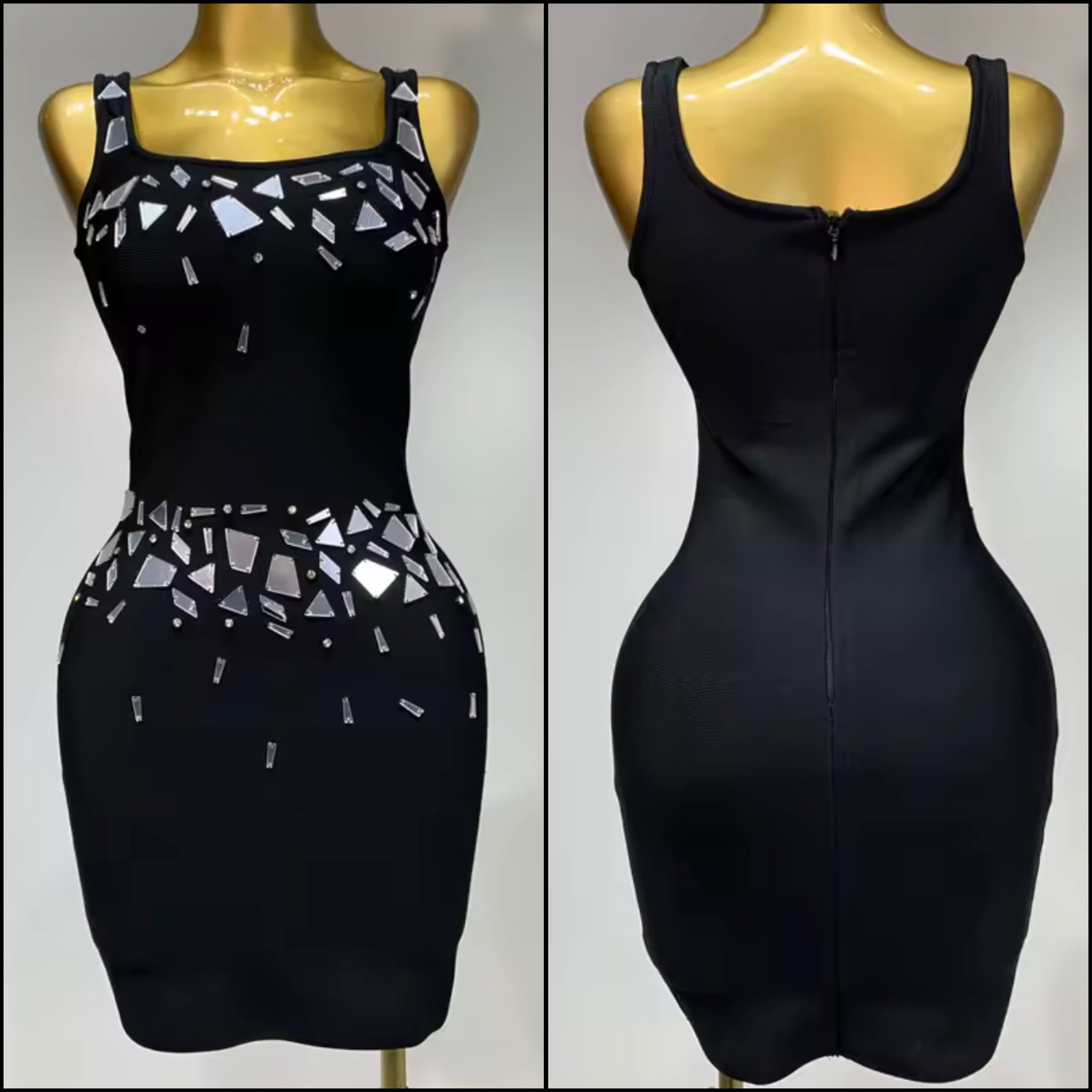 Women Black Sexy Sleeveless Mirror Back Zipper Dress