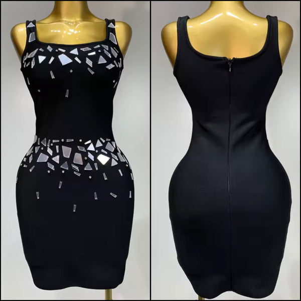 Women Black Sexy Sleeveless Mirror Back Zipper Dress