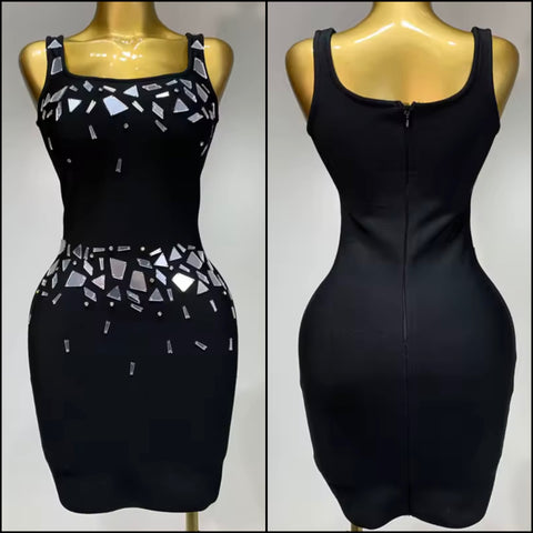 Women Black Sexy Sleeveless Mirror Back Zipper Dress