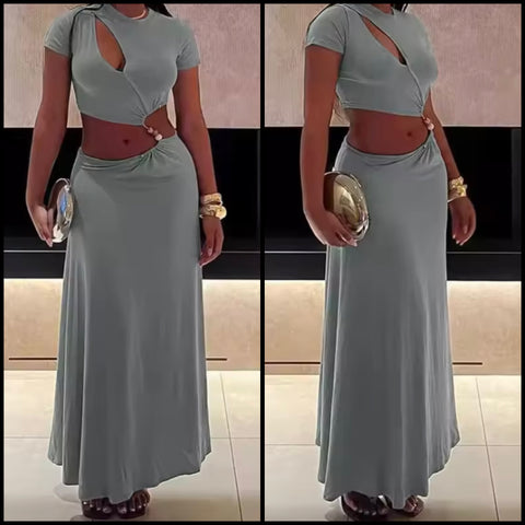 Women Sexy Gray Short Sleeve Cut Out Maxi Dress