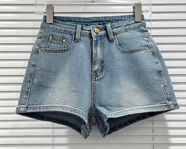 Women Fashion Rhinestone Denim Shorts