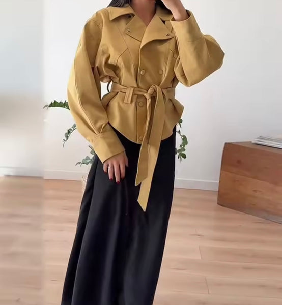Women Fashion Khaki Belted Blazer Jacket