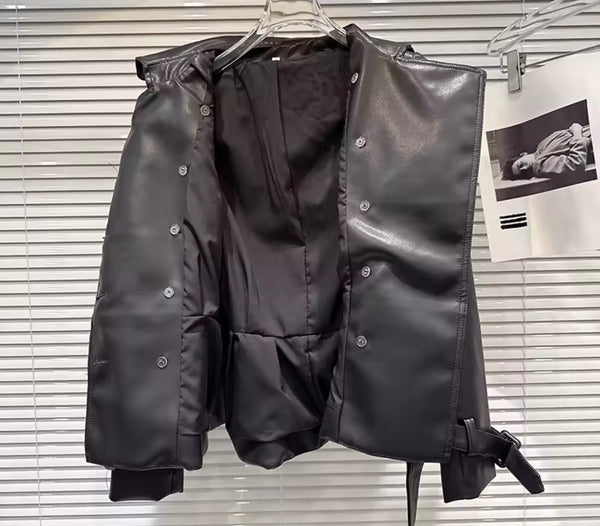 Women Fashion Button Belted Faux Leather Jacket