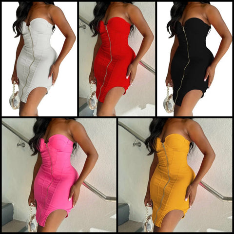 Women Sexy Strapless Front Zipper Dress