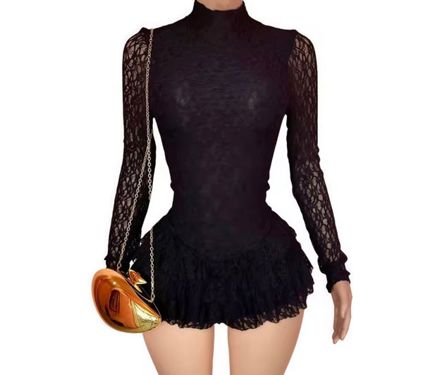 Women Sexy Full Sleeve Open Back Ruffled Lace Romper