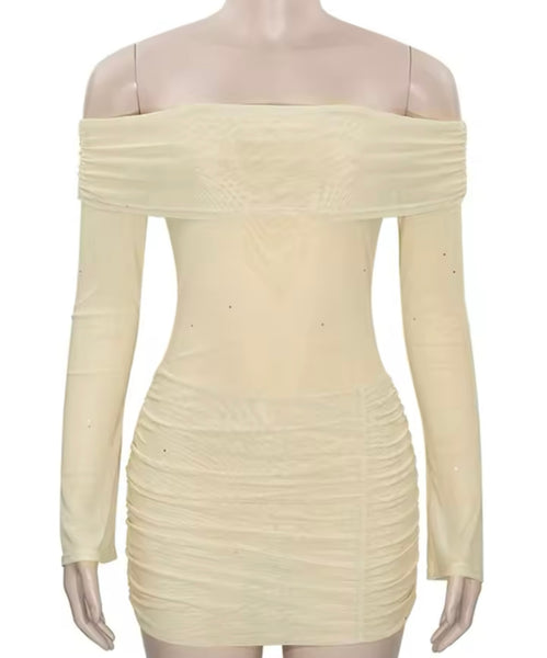 Women Sexy Off The Shoulder Full Sleeve Mesh Dress