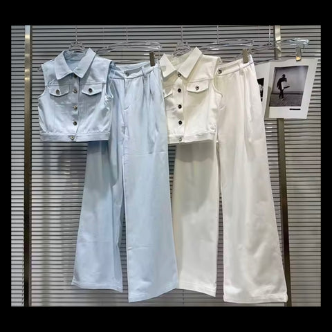 Women Fashion Sleeveless Button Up Vest Two Piece Pant Set