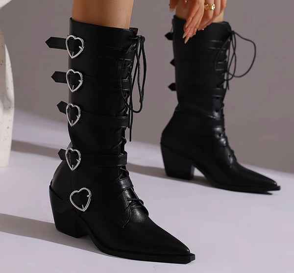 Women Pointed Toe Heart Buckled Lace Up Fashion Boots