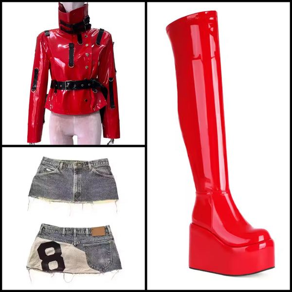 Women Fashion Patent Leather Platform Knee High Boots