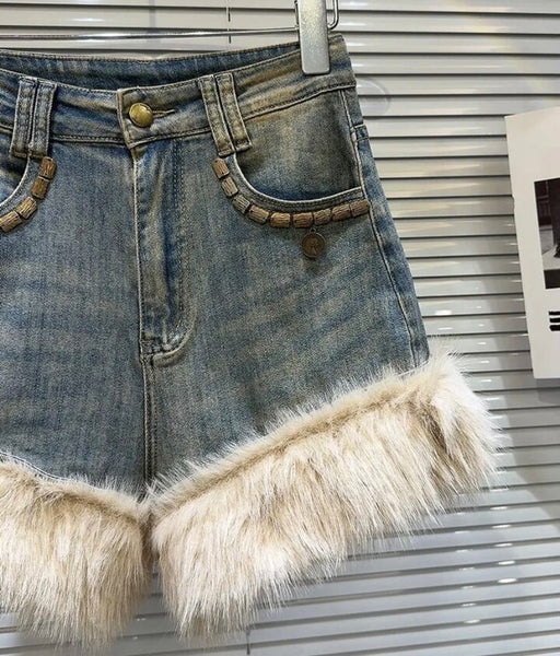 Women Denim Faux Fur Patchwork Fashion Shorts