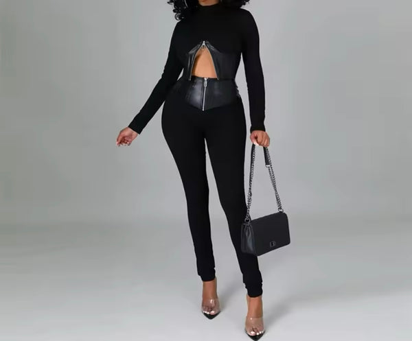 Women Sexy Zipper PU Patchwork Full Sleeve Two Piece Pant Set