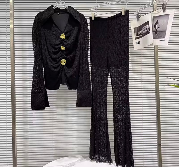 Women Fashion Lace Collar Button Up Two Piece Pant Set
