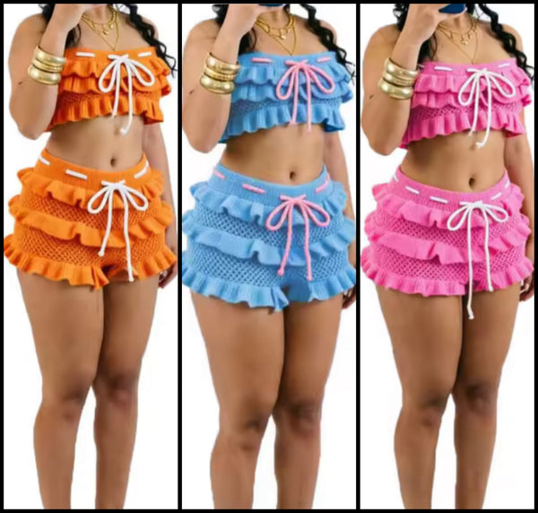 Women Sexy Strapless Tie Up Ruffled Knitted Two Piece Short Set