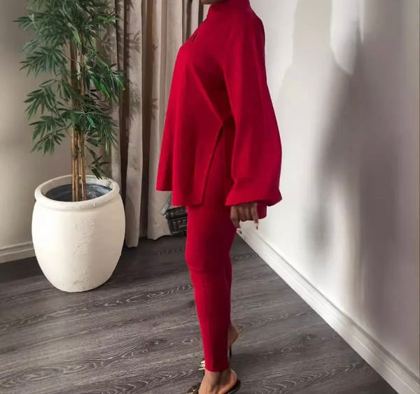 Women Fashion Solid Color Full Sleeve Tunic Top Two Piece Pant Set