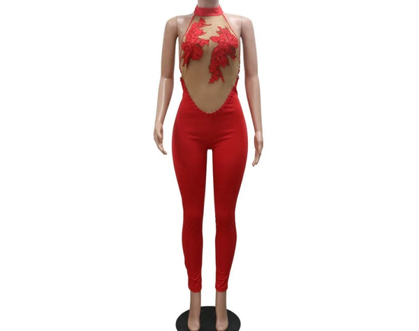 Women Sexy Sleeveless Sequins Mesh Patchwork Jumpsuit