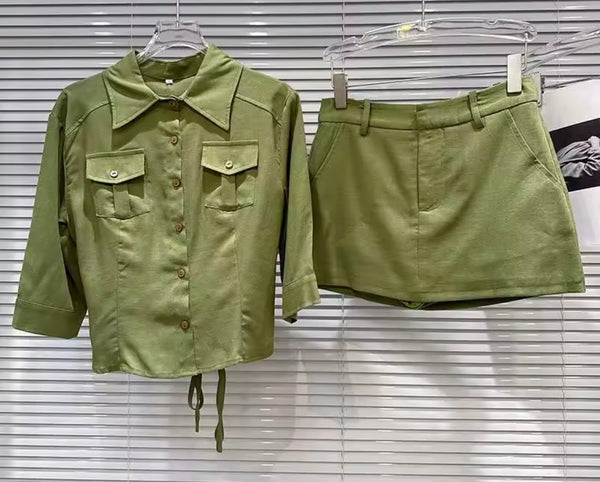 Women Fashion Collar Button Up Two Piece Skirt Set