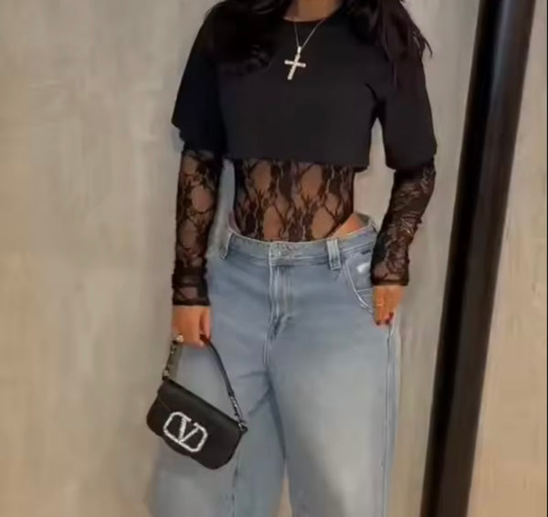Women Fashion Lace Patchwork Full Sleeve Bodysuit Top