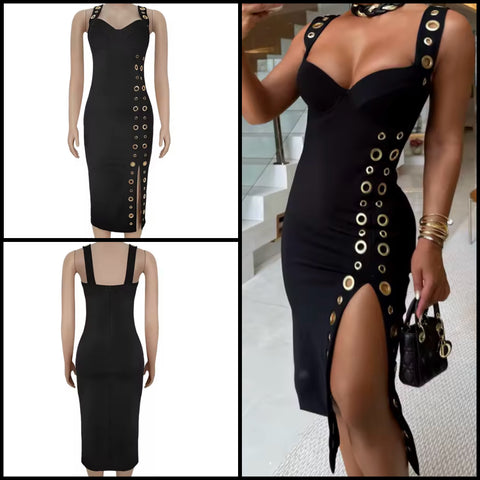 Women Sexy Black Sleeveless Gold Metal Side Split Dress