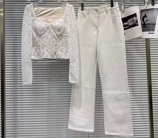 Women Fashion Lace Full Sleeve Two Piece Faux Leather Pant Set