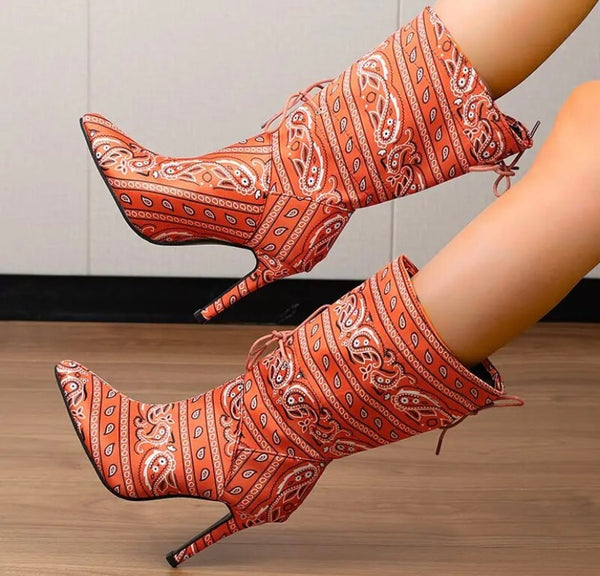 Women Printed Lace Up Fashion Ankle Boots