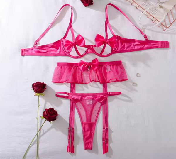 Women Sexy Pink Bow Cut Out Lingerie Set