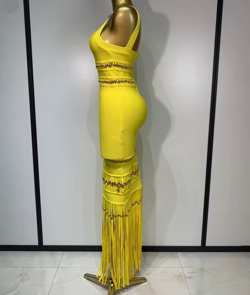 Women Yellow Sleeveless Fringe Tassel Beaded Maxi Dress