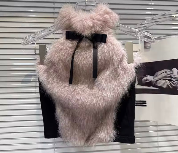 Women Fashion Color Faux Fur Halter Top