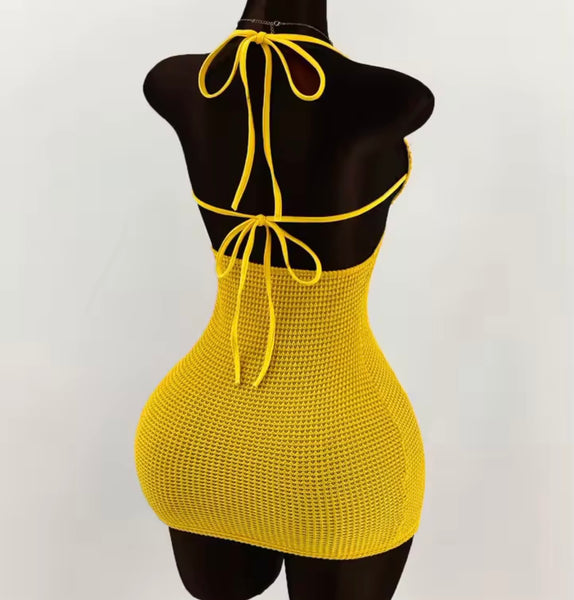 Women Sexy Sleeveless Pearl Halter Crochet Dress