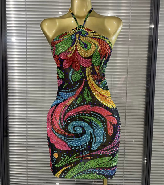 Women Sexy Multicolored Halter Sleeveless Rhinestone Dress