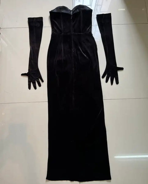 Women Black Sexy Strapless Velour Rhinestone Glove Maxi Dress