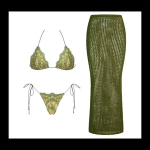 Women Sexy Green Printed Tie Up Bikini Cover Up Set