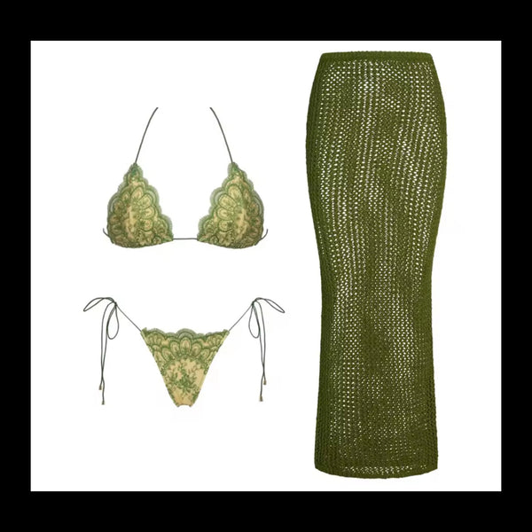 Women Sexy Green Printed Tie Up Bikini Cover Up Set