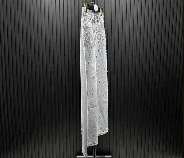 Women Fashion Blue Pearl Rhinestone Denim Pants