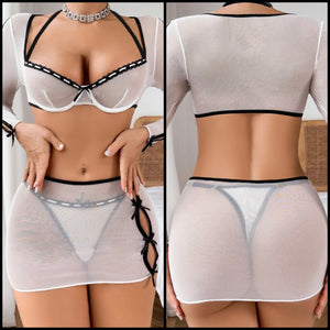 Women Sexy White/Black Mesh Bow Lingerie Set