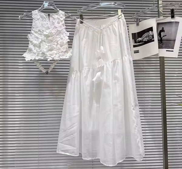 Women Sleeveless Floral Lace Two Piece Maxi Skirt Set
